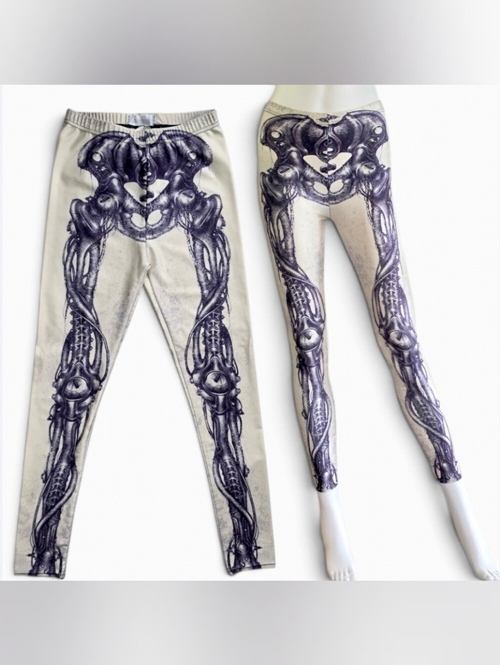 Vintage Online Leggings Store Bio-Mechanical Cyber Goth Skeleton Leggings Small